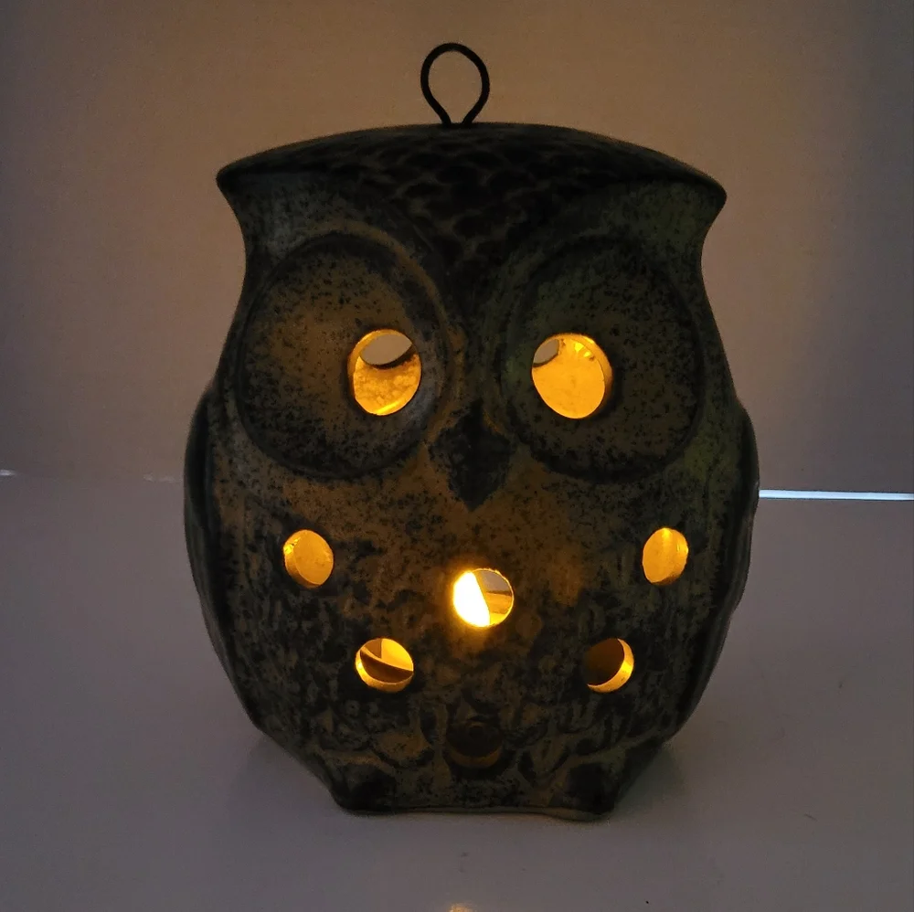 Vintage Ceramic Owl Lantern Tealight Candleholder w Loop for Hanging 1970s
